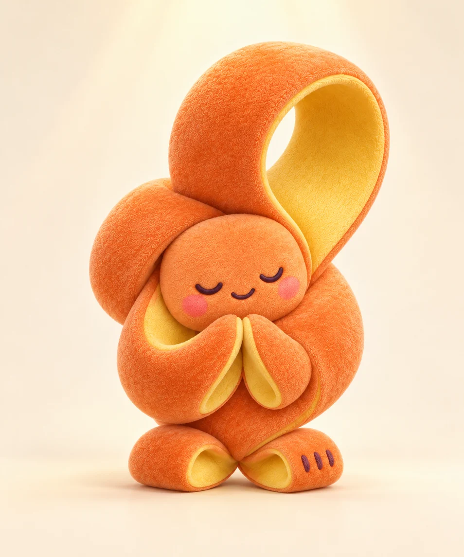 Lumoopi standing peacefully with his eyes closed and ribbon hands pressed together