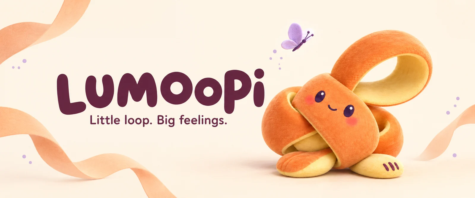 Lumoopi logo beside Lumoopi and a lavender butterfly, with soft ribbons drifting around them