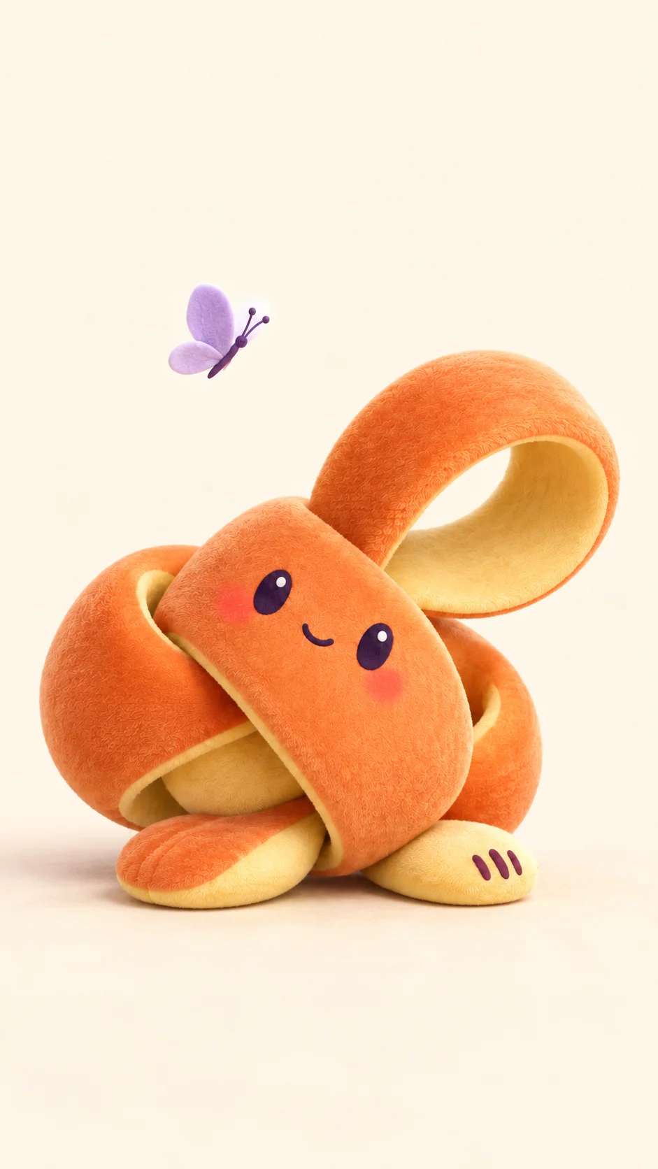 Lumoopi, a soft apricot ribbon tied in a little knot, smiling up at a lavender butterfly